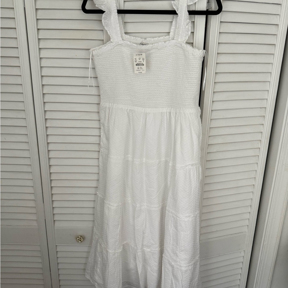J.Crew White Smocked Midi Dress w/ Ruffle Straps – Size M NWT